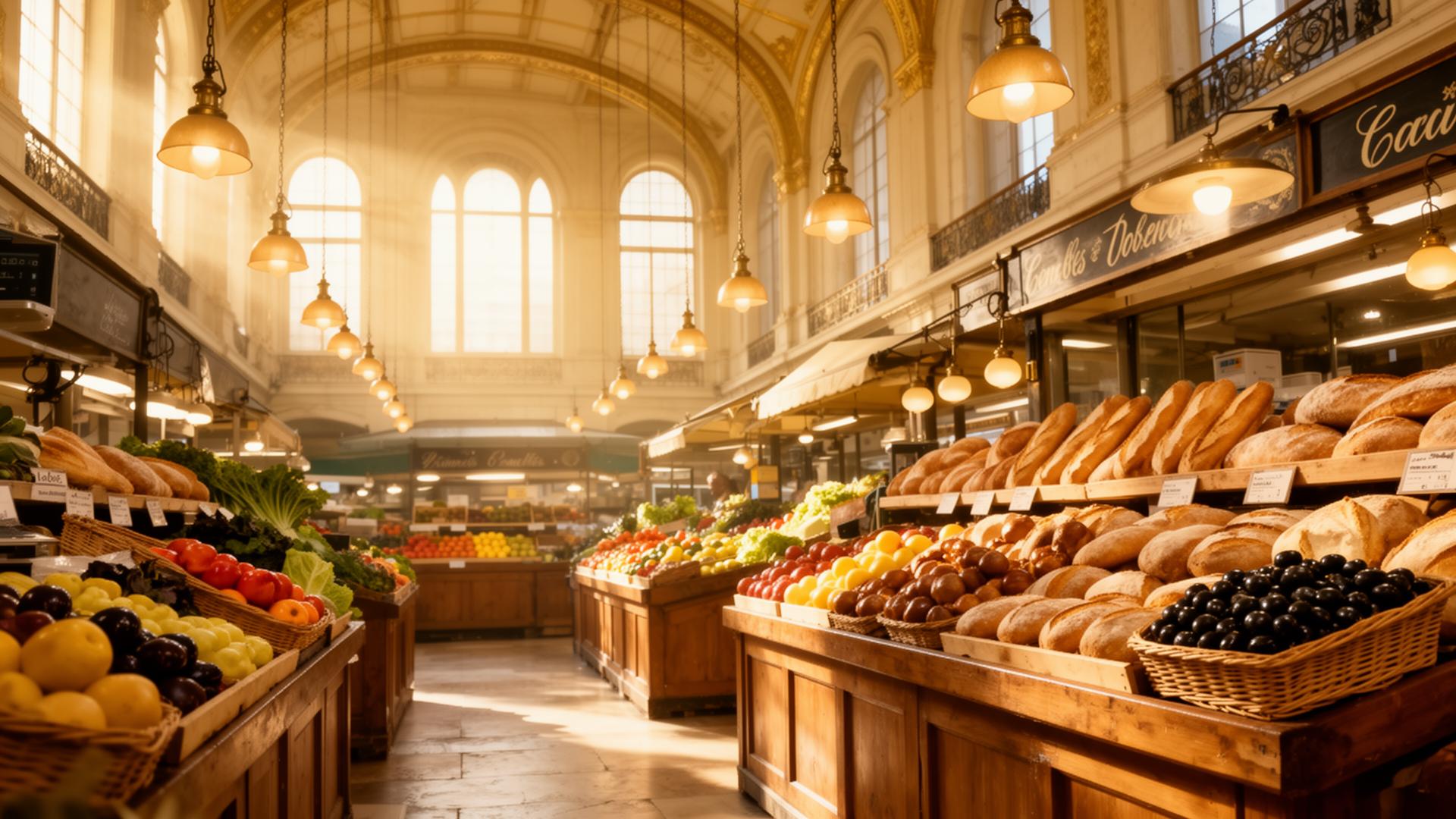 Sunlit European market hall with bread, produce, and warm pendant lights